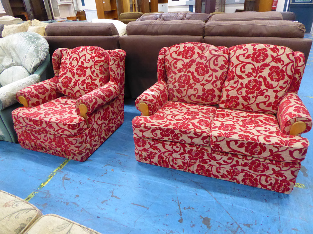 Red Floral Two Seater Sofa & Armchair