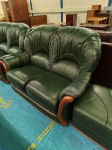Green Leather Three/Two Seater Sofa & Armchair & Footstool