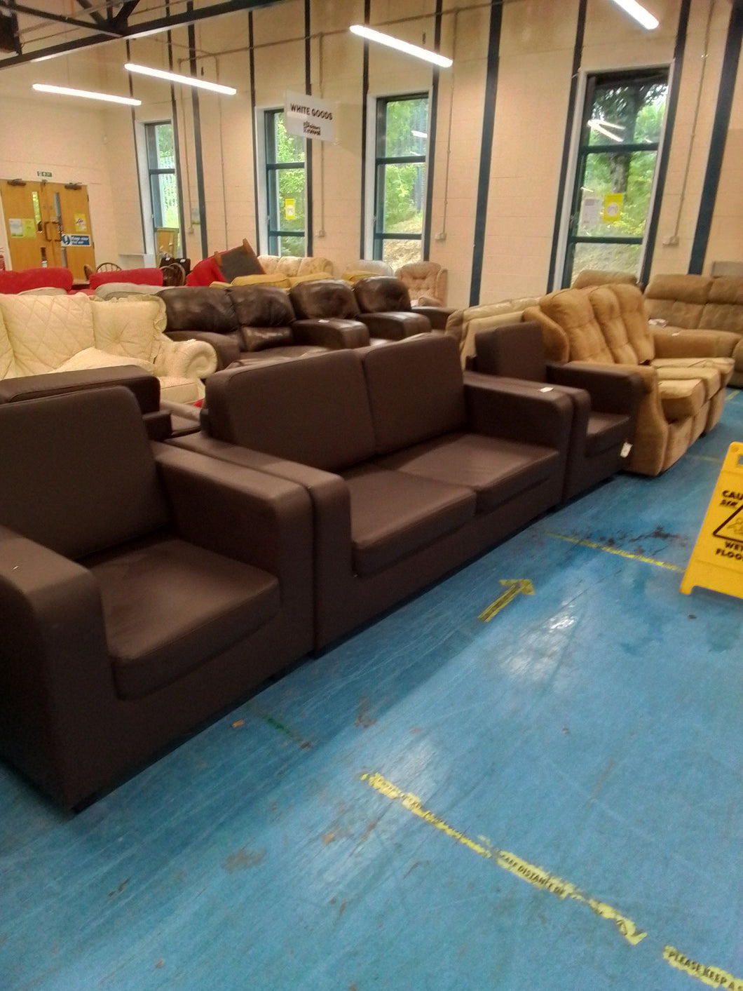 Brown Two Seater Sofa & 2 Armchairs