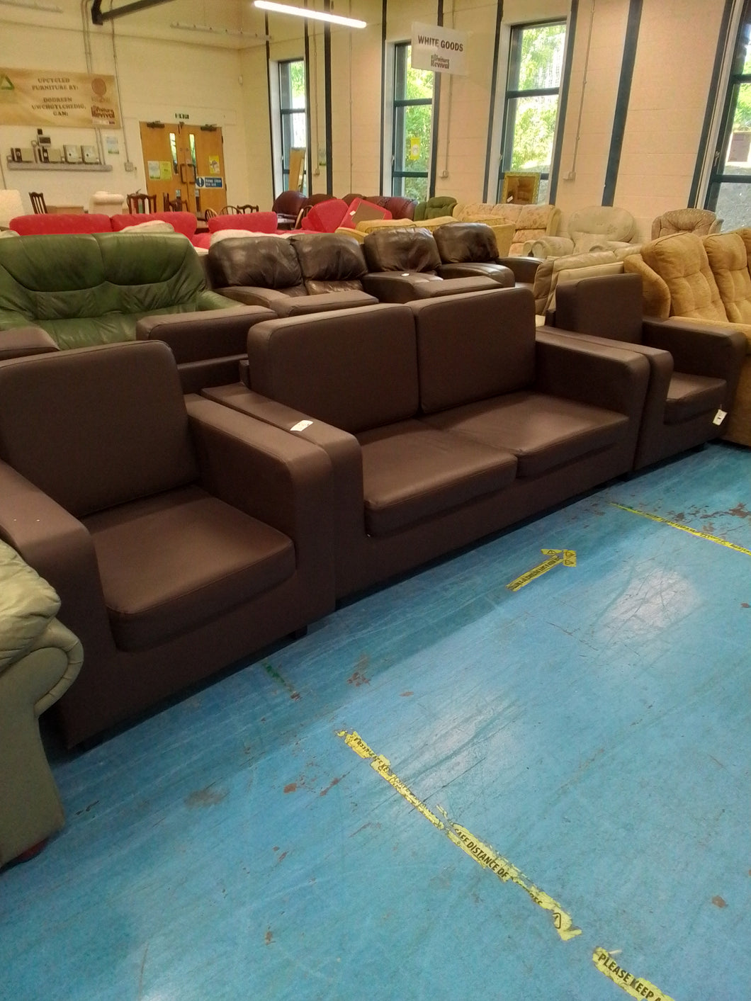 Brown Leather Look Two Seater Sofa & Two Armchairs