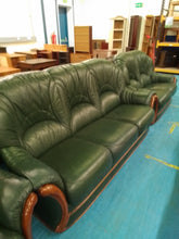 Load image into Gallery viewer, Green Leather Three/Two Seater Sofa &amp; Armchair &amp; Footstool
