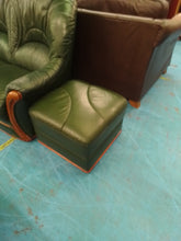 Load image into Gallery viewer, Green Leather Three/Two Seater Sofa &amp; Armchair &amp; Footstool
