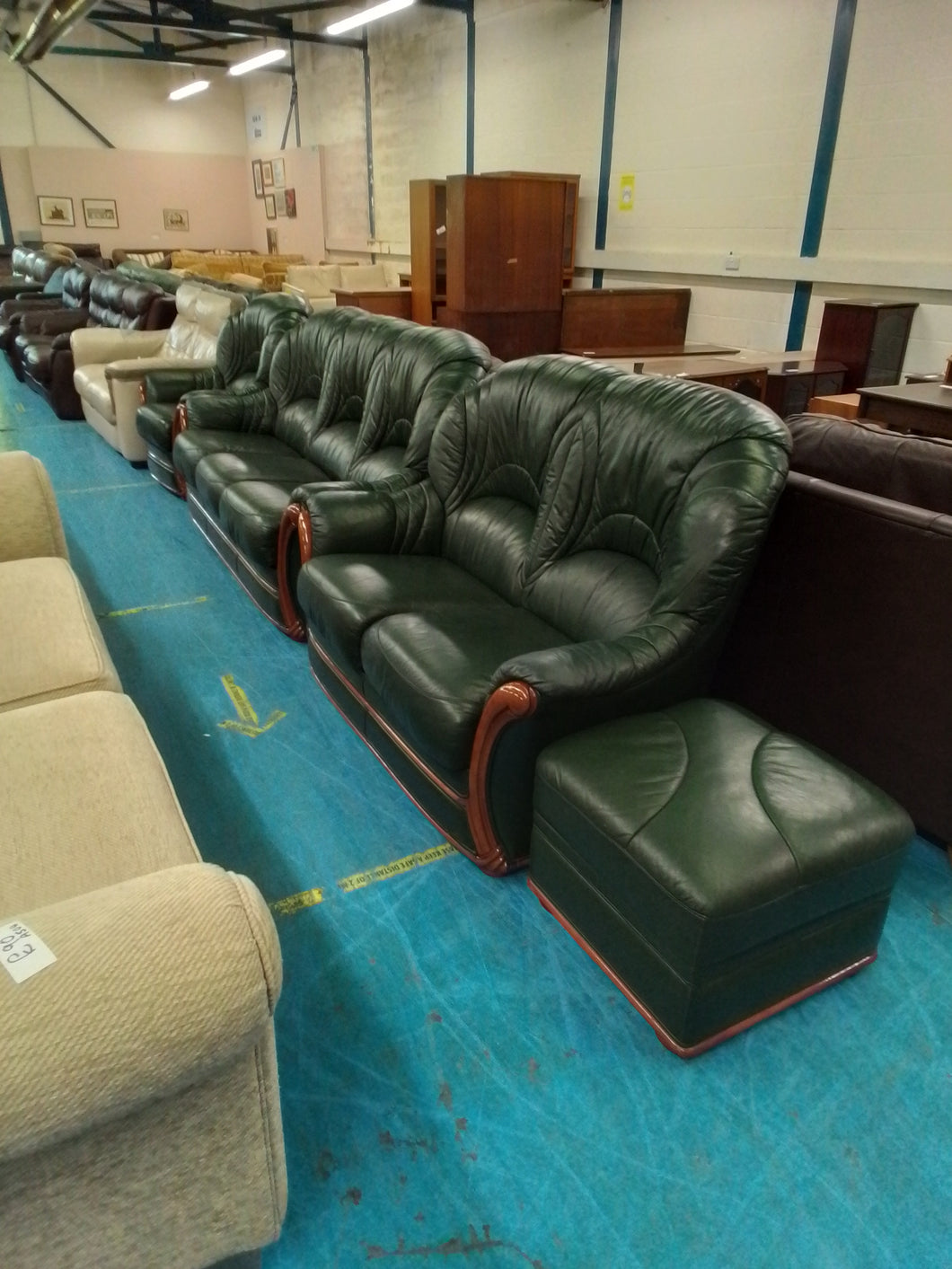 Green Leather Three/Two Seater Sofa & Armchair & Footstool