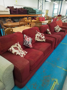 Red 3 Seater Sofa, 2 Seater Sofa & Pouffe